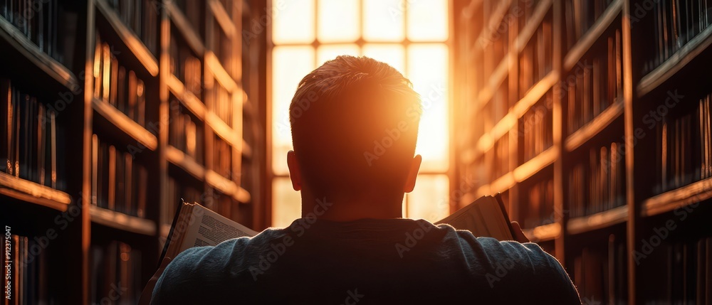 Poster close up light effect sunlight filtering through the library windows as a student intently reads a b