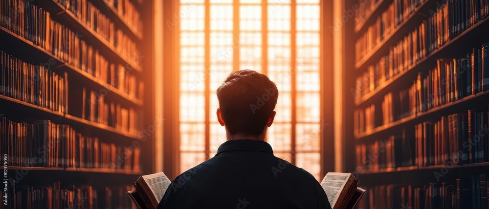 Poster close up light effect sunlight filtering through the library windows as a student intently reads a b