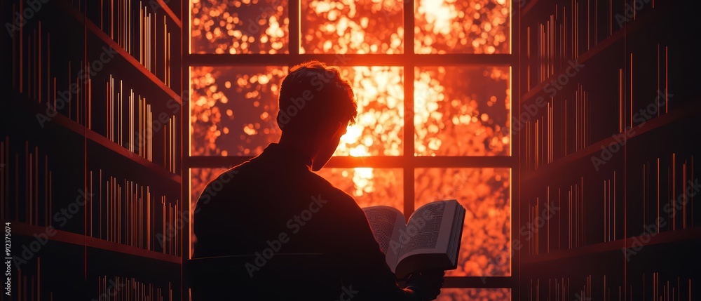 Poster close up light effect sunlight filtering through the library windows as a student intently reads a b