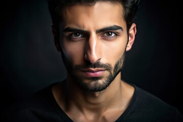 Obraz premium Serene Middle Eastern man with a strong jawline and piercing brown eyes gazes directly at the camera, against a dramatic black background.