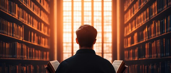 Close up light effect sunlight filtering through the library windows as a student intently reads a book, surrounded by tall bookshelves banner with copy space