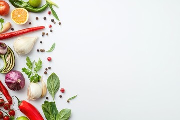 Colorful light effect bursting with traditional Thai flavors and ingredients meticulously placed on a white backdrop, sunlight filtering through Banner with copy space