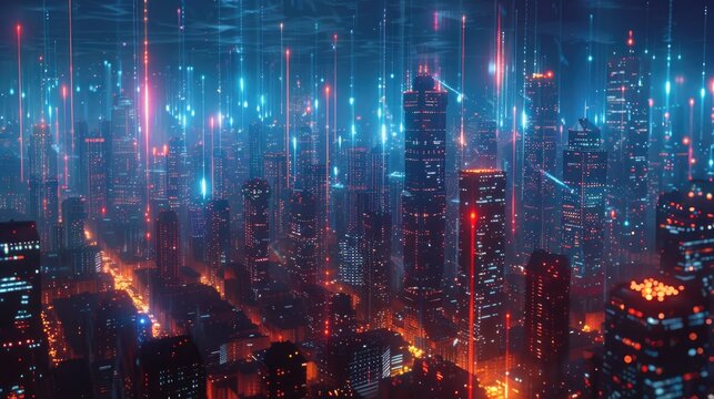 Urban landscape with vibrant nightlife, ideal for representing a busy city scene