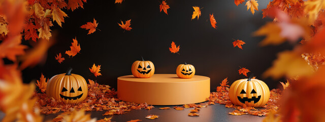 3d layout Halloween scene with product podium on orange background. Pumpkins stage with display podium. Autumn 3d design template for banner, advertisement mockup for Halloween or Thanksgiving 