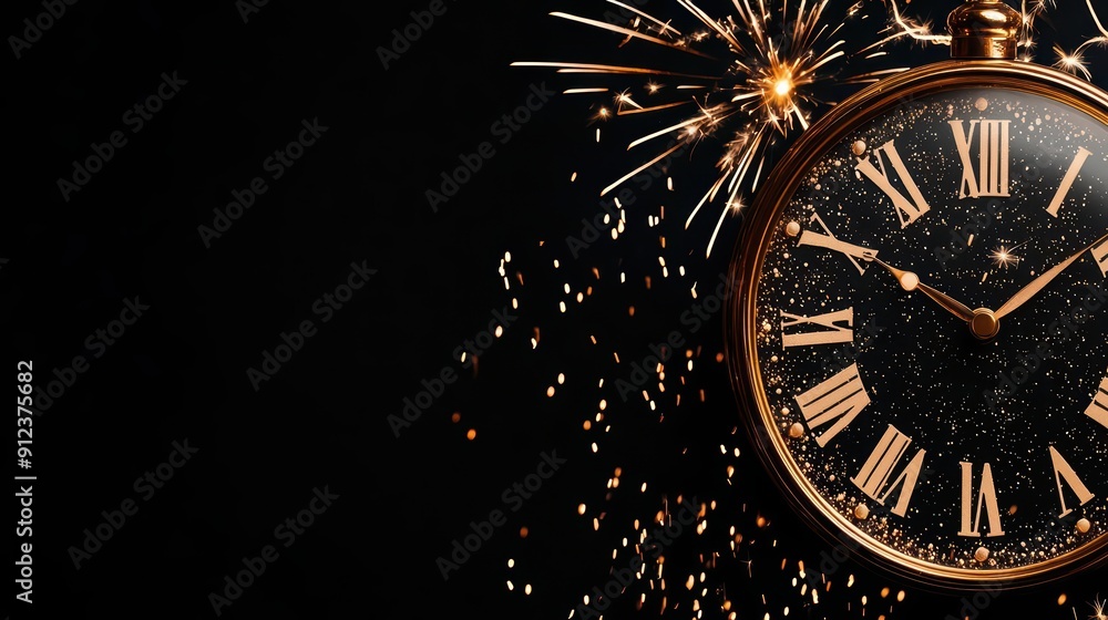 Poster feature a hitech new years eve countdown with a digital clock and sunlight filtering through firewor