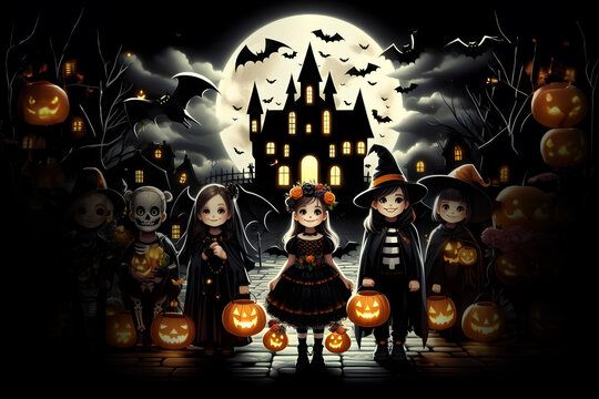 Halloween.. Bambini con zucca nella notte dell'orrore festeggiano Halloween..