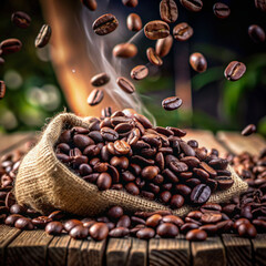 Obraz premium coffee beans and cupcoffee, brown, bean, beans, roasted, drink, cafe, caffeine, food, aroma, espresso, black, macro, dark, coffee beans, closeup, breakfast, beverage, seed, mocha, isolated, coffee bea