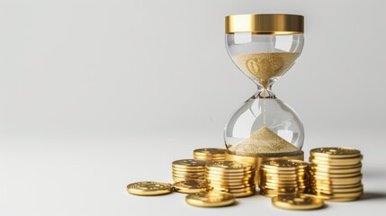 A modern hourglass clock isolated on a white background, next to a stack of gold coins. 