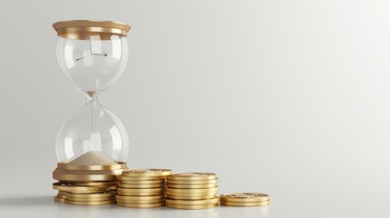 A modern hourglass clock isolated on a white background, next to a stack of gold coins. 