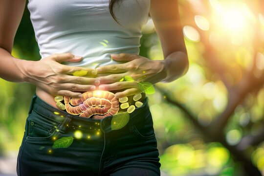 Woman holding stomach with a superimposed illustration of intestines surrounded by green leaves, representing digestive system health