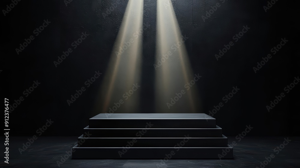 Poster hi tech podiums with sunlight filtering through provide a stateoftheart platform for innovative prod