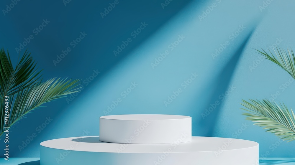 Poster hi tech podiums with sunlight filtering through provide a stateoftheart platform for innovative prod