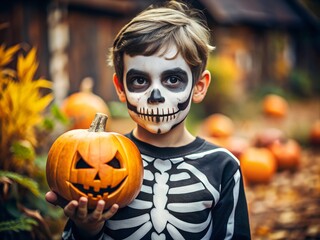 close-up kid with skeleton makeup on halloween with pumpkin in hands