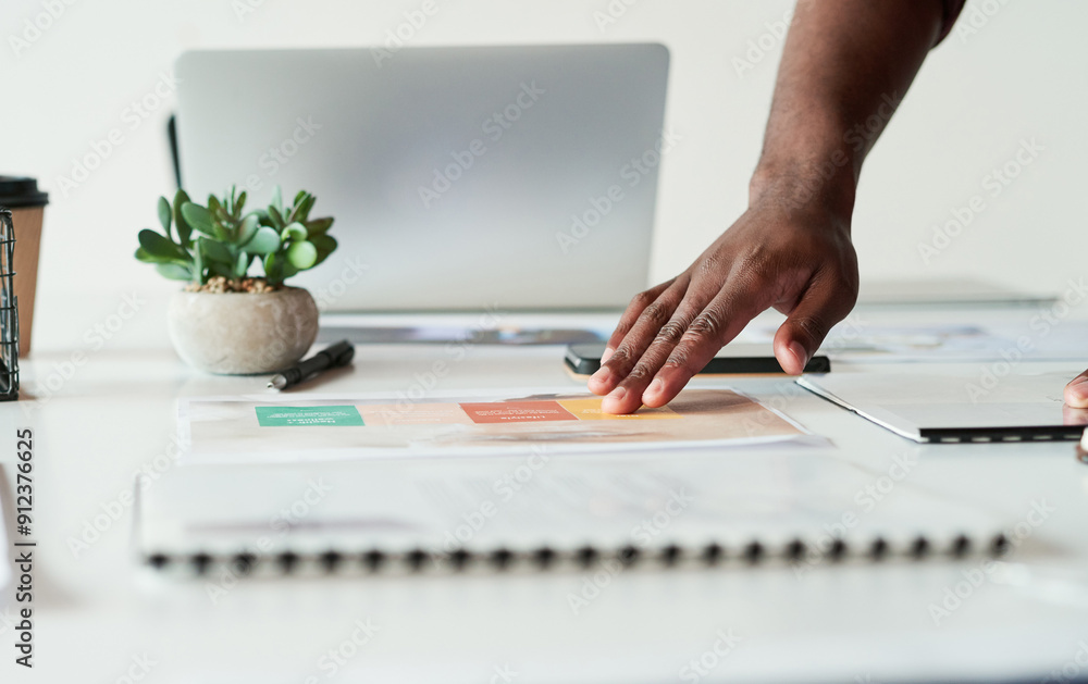 Poster documents, hand and creative report with information, project or review in startup. closeup, busines
