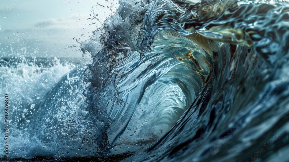 Poster a close-up view of a wave crashing against the ocean floor, with water and foam visible
