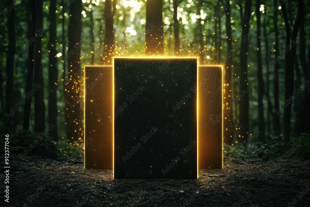 Poster in an enchanted forest, five mysterious boxes emit a magical glow each one radiating a unique light 