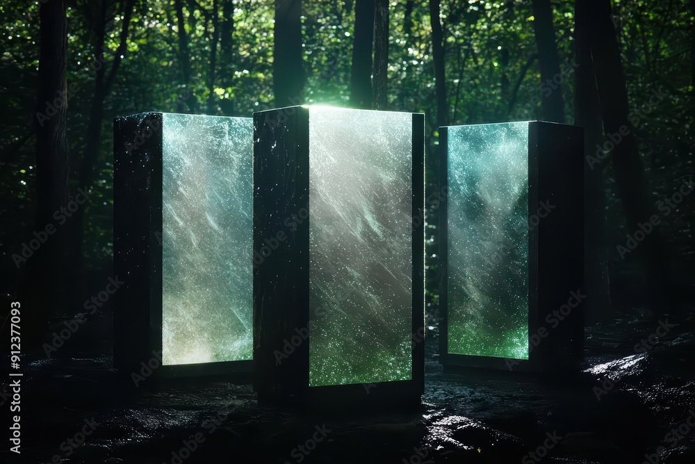 Poster in an enchanted forest, five mysterious boxes emit a magical glow each one radiating a unique light 