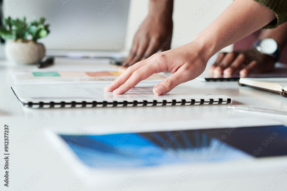 Poster hand, business people and team brainstorming with paperwork, planning or idea. documents, closeup an