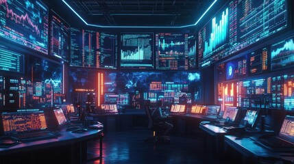 Holographic displays of growth trends in the global business scene within a futuristic control room with multiple screens