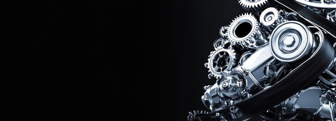 A Closeup of a Shiny Silver Car Engine with Gears and a Black Belt