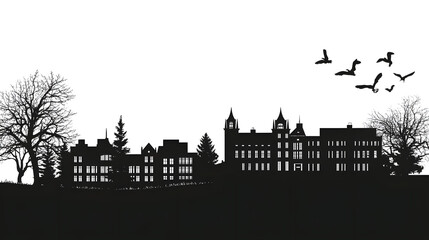 Obraz premium Black silhouette of University campus illustration icon for logo, isolated on white background