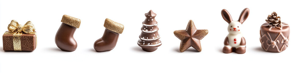 Obraz premium Set of chocolate Christmas tree toys of different shapes and decor: Christmas trees, stars, Christmas Stockings, bunny, isolated on a white background. Festive decorative pattern