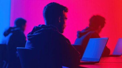 Luxury minimal light effect sunlight filtering over a group of students working on their laptops in a modern computer lab during a coding class banner with copy space