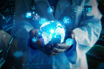 Hands Holding Earth with Health Symbols in Futuristic Digital Medical Technology World, Blue Color Scheme, High Resolution