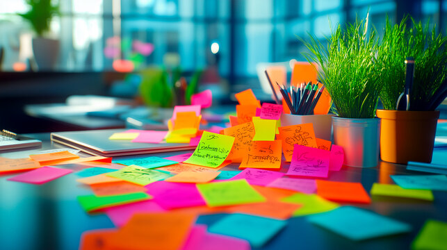 Vibrant Collection of Sticky Notes on a Modern Office Desk During Brainstorming Session