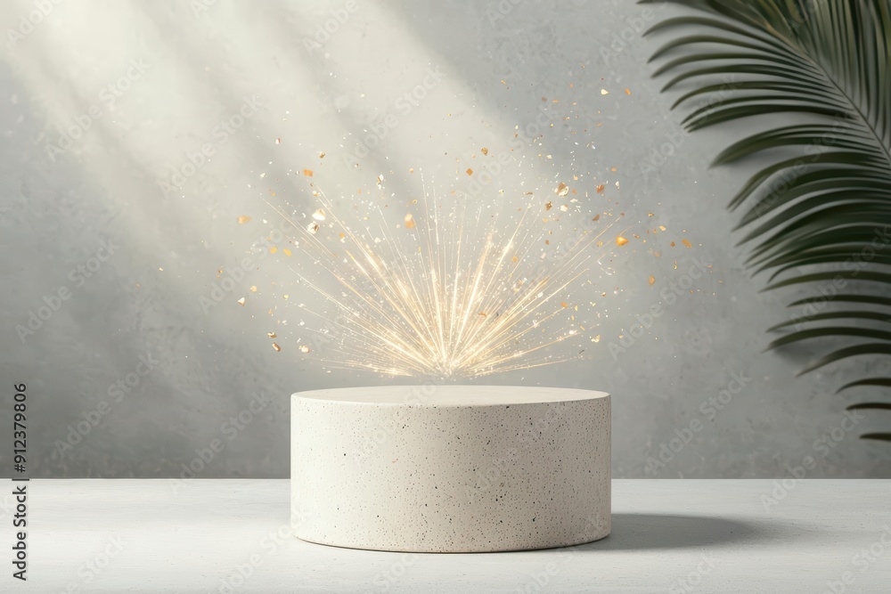 Poster on a podium with modern design and sunlight filtering through, products are displayed with an explos