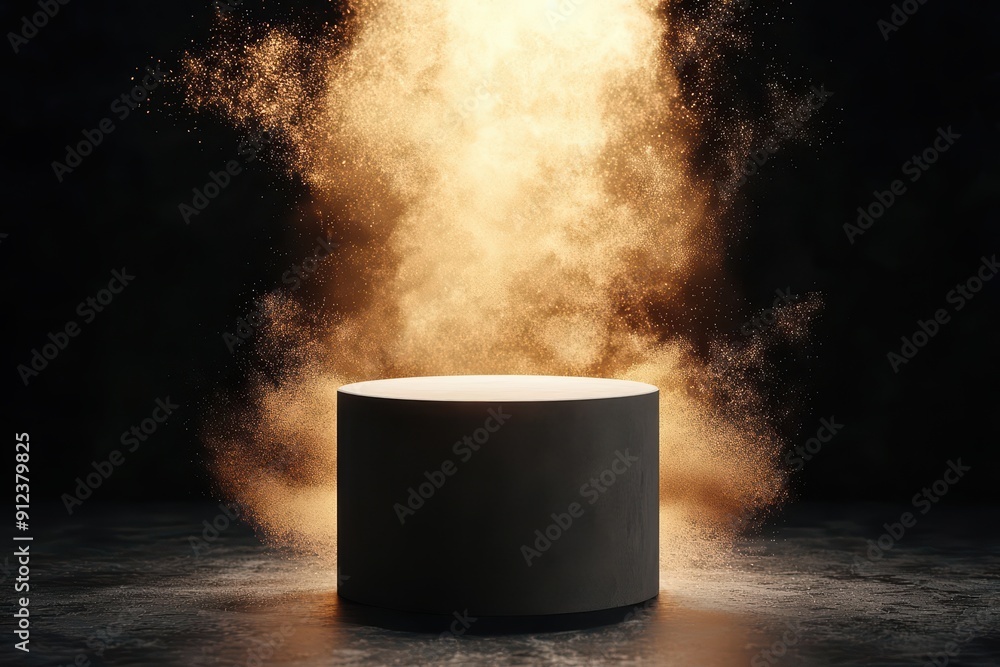Poster on a podium with modern design and sunlight filtering through, products are displayed with an explos