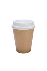 Cardboard coffee or tea machine cup with plastic lid on a transparent background.