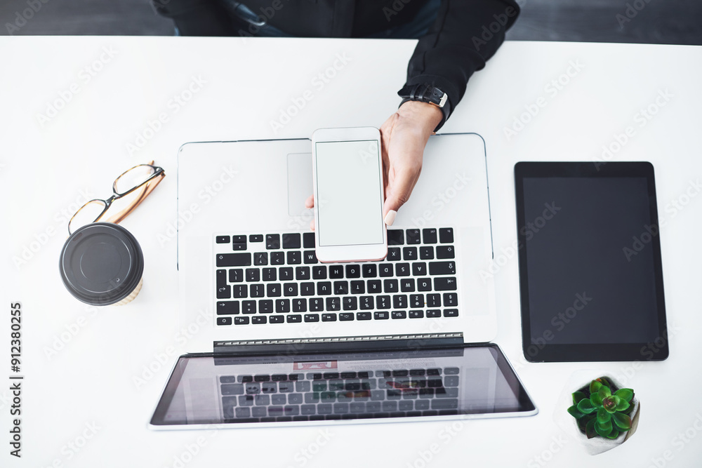 Poster above, hands and person with phone screen, business and laptop with internet, mockup space and keybo