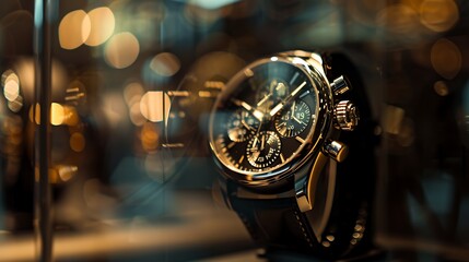 Luxury Wristwatch on Reflective Surface with Blue Highlights