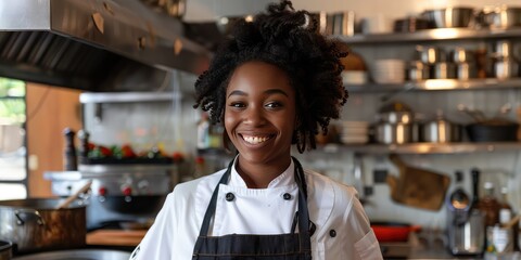 Fototapeta premium Happy portrait of african american female cook at table. Happy smiling Afro. Ai generation