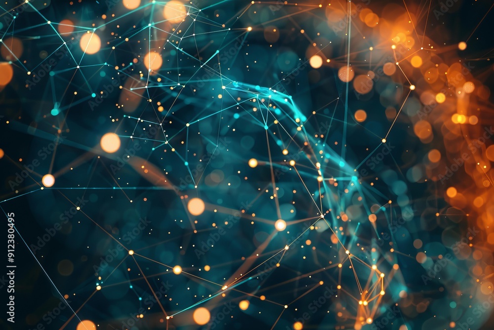 Poster abstract network is connecting dots with lines, symbolizing global digitalization on dark blue and o