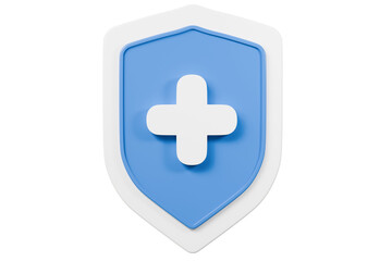 Fototapeta premium 3d Shield with a cross icon symbol on isolated purple background. Protection of health from diseases. Healthcare security insurance medical concept. 3d Minimal insurance blue shield icon. 3d render.