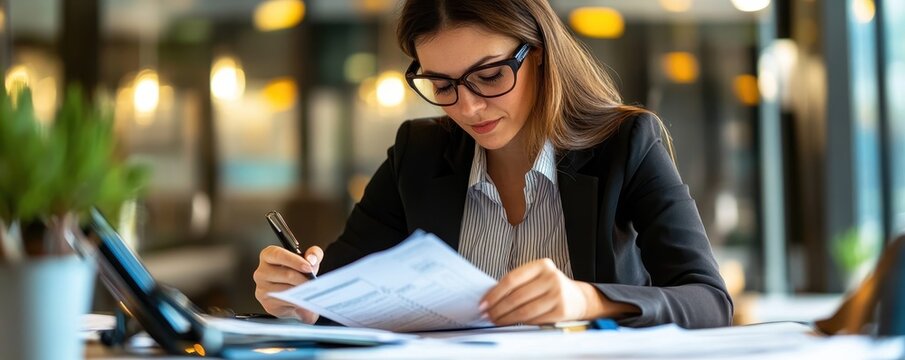 Diligent Female Auditor Reviewing Expense Reports in Modern Corporate Office Setting