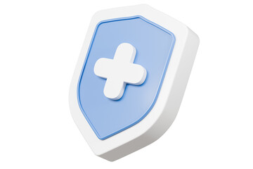 Fototapeta premium 3d Shield with a cross icon symbol on isolated purple background. Protection of health from diseases. Healthcare security insurance medical concept. 3d Minimal insurance blue shield icon. 3d render.