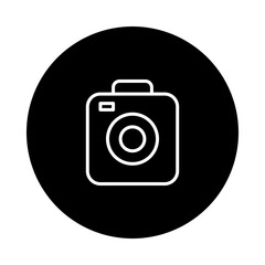 Vector icon of a camera, outline design with black color circle background.