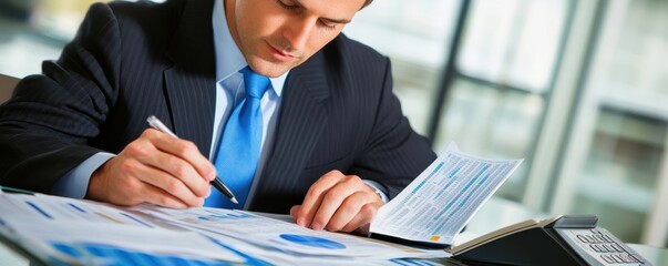 Confident Male Accountant Expertly Balancing Financial Books for Company Success