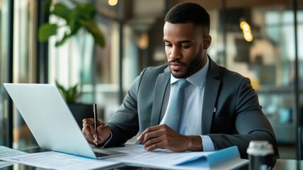 Diligent Male Auditor Reviewing Corporate Financial Records for Accuracy in Office Setting