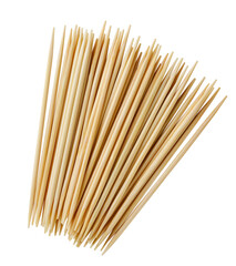 Pile of toothpicks close-up on a white background. Top view