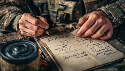 Soldier's Hand Writing in a Notebook During Military Operations