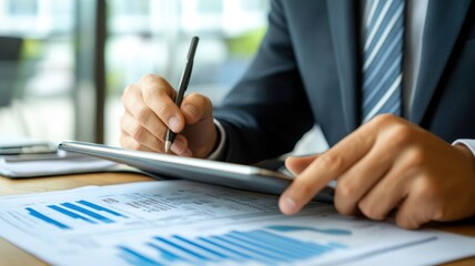 Analyzing Financial Data: Business Professional Examining Statements on Tablet Device