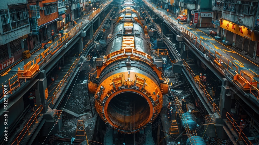 Poster large tunnel boring machine in city center. large tunnel boring machine operating in the city center