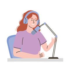 Vector illustration of a woman in headphones and microphone. Podcast. Flat style.