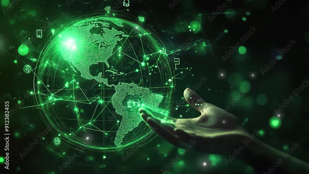 Poster abstract digital technology background. hand touching digital globe with social network icons. futur