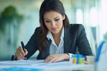Obraz premium Female Auditor Reviewing Financial Statements for Compliance in Modern Office Environment