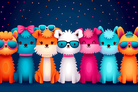 A group of cartoon dogs wearing sunglasses and sitting in a row. The dogs are all different colors and sizes, and they are all smiling. The image has a fun and playful mood